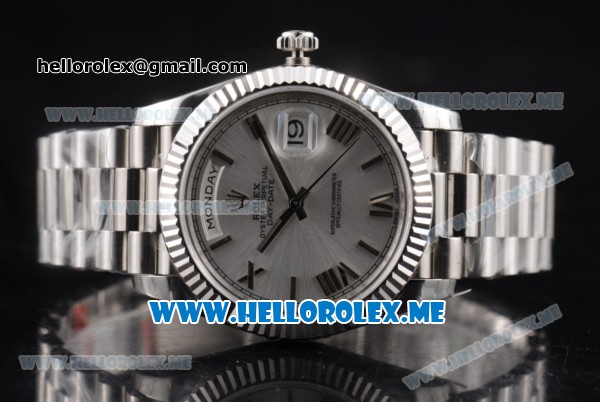 Rolex Day-Date Clone Rolex 3255 Automatic Stainless Steel Case/Bracelet with Silver Dial and Roman Numeral Markers - Click Image to Close
